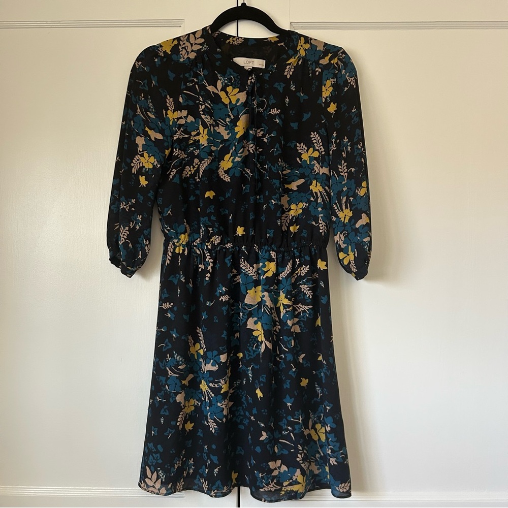 Ann Taylor LOFT Petites M Floral Dress Black Blue Yellow Tie Neck 3/4 Sleeve